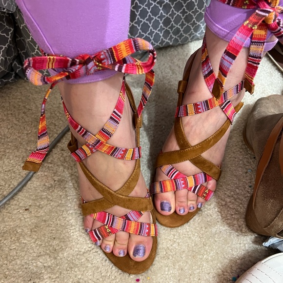Guess Shoes - THE CUTEST GUESS CHUNKY HEELS TIE UP LACE BALLERINA SUMMER RIBBON TAN CORK 9 EUC
